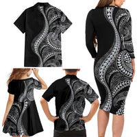 Hawaii Pineapple Gray Scale Tribal Pattern Family Matching Long Sleeve Bodycon Dress and Hawaiian Shirt LT01 - Polynesian Pride