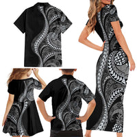 Hawaii Pineapple Gray Scale Tribal Pattern Family Matching Short Sleeve Bodycon Dress and Hawaiian Shirt LT01 - Polynesian Pride