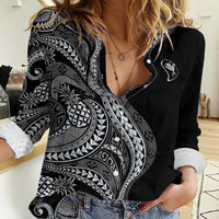 Hawaii Pineapple Gray Scale Tribal Pattern Women Casual Shirt - Polynesian Pride