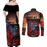 New Zealand Tui Bird Soldier ANZAC Couples Matching Off Shoulder Maxi Dress and Long Sleeve Button Shirt Lest We Forget LT03 - Polynesian Pride