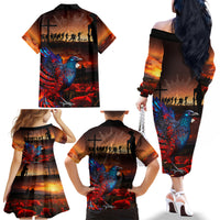 New Zealand Tui Bird Soldier ANZAC Family Matching Off Shoulder Long Sleeve Dress and Hawaiian Shirt Lest We Forget LT03 - Polynesian Pride