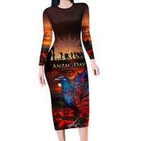 New Zealand Tui Bird Soldier ANZAC Long Sleeve Bodycon Dress Lest We Forget LT03 Long Dress Black - Polynesian Pride