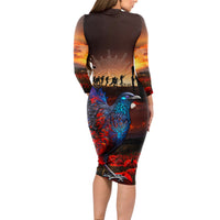 New Zealand Tui Bird Soldier ANZAC Long Sleeve Bodycon Dress Lest We Forget LT03 - Polynesian Pride