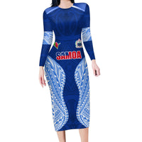 Custom Manu Samoa Rugby Family Matching Long Sleeve Bodycon Dress and Hawaiian Shirt Polynesian Tattoo LT03 Mom's Dress Blue - Polynesian Pride