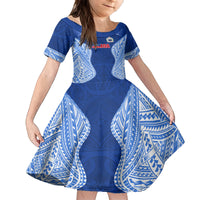 Custom Manu Samoa Rugby Family Matching Off The Shoulder Long Sleeve Dress and Hawaiian Shirt Polynesian Tattoo LT03 Daughter's Dress Blue - Polynesian Pride