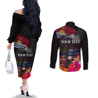 Personalised Kiribati Independence Day Couples Matching Off The Shoulder Long Sleeve Dress and Long Sleeve Button Shirt Frigatebird and Plumeria Hibiscus Flower LT03 - Polynesian Pride