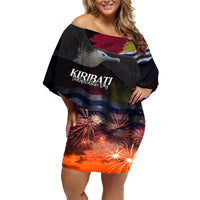 Personalised Kiribati Independence Day Family Matching Off Shoulder Short Dress and Hawaiian Shirt Frigatebird and Plumeria Hibiscus Flower LT03 Mom's Dress Black - Polynesian Pride