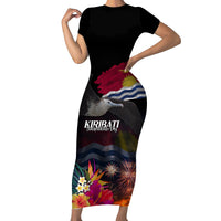 Personalised Kiribati Independence Day Family Matching Short Sleeve Bodycon Dress and Hawaiian Shirt Frigatebird and Plumeria Hibiscus Flower LT03 Mom's Dress Black - Polynesian Pride