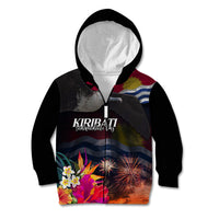Personalised Kiribati Independence Day Kid Hoodie Frigatebird and Plumeria Hibiscus Flower LT03 Zip Hoodie Black - Polynesian Pride