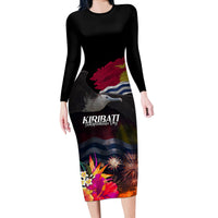 Personalised Kiribati Independence Day Long Sleeve Bodycon Dress Frigatebird and Plumeria Hibiscus Flower LT03 Long Dress Black - Polynesian Pride