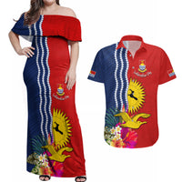 Personalised Kiribati Independence Day Couples Matching Off Shoulder Maxi Dress and Hawaiian Shirt Kiribati Map With Flag Color LT03 Red - Polynesian Pride