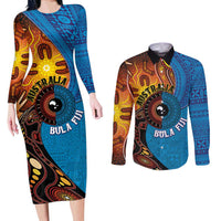Fiji and Australia Together Couples Matching Long Sleeve Bodycon Dress and Long Sleeve Button Shirt Tapa Tribal Tattoo mix Aboriginal Pattern LT03 Black - Polynesian Pride