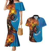 Fiji and Australia Together Couples Matching Mermaid Dress and Hawaiian Shirt Tapa Tribal Tattoo mix Aboriginal Pattern LT03 Black - Polynesian Pride