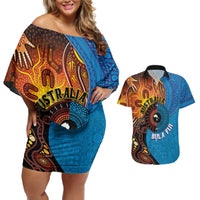 Fiji and Australia Together Couples Matching Off Shoulder Short Dress and Hawaiian Shirt Tapa Tribal Tattoo mix Aboriginal Pattern LT03 Black - Polynesian Pride