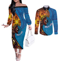 Fiji and Australia Together Couples Matching Off The Shoulder Long Sleeve Dress and Long Sleeve Button Shirt Tapa Tribal Tattoo mix Aboriginal Pattern LT03 Black - Polynesian Pride