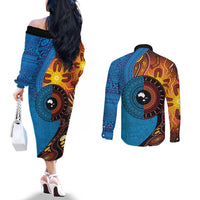 Fiji and Australia Together Couples Matching Off The Shoulder Long Sleeve Dress and Long Sleeve Button Shirt Tapa Tribal Tattoo mix Aboriginal Pattern LT03 - Polynesian Pride