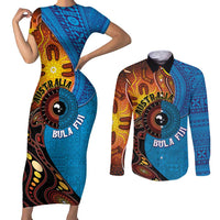 Fiji and Australia Together Couples Matching Short Sleeve Bodycon Dress and Long Sleeve Button Shirt Tapa Tribal Tattoo mix Aboriginal Pattern LT03 Black - Polynesian Pride