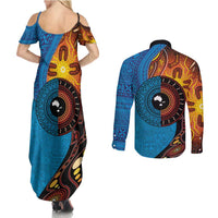 Fiji and Australia Together Couples Matching Summer Maxi Dress and Long Sleeve Button Shirt Tapa Tribal Tattoo mix Aboriginal Pattern LT03 - Polynesian Pride