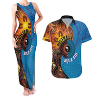 Fiji and Australia Together Couples Matching Tank Maxi Dress and Hawaiian Shirt Tapa Tribal Tattoo mix Aboriginal Pattern LT03 Black - Polynesian Pride