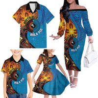 Fiji and Australia Together Family Matching Off The Shoulder Long Sleeve Dress and Hawaiian Shirt Tapa Tribal Tattoo mix Aboriginal Pattern LT03 - Polynesian Pride