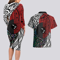 Tonga and New Zealand Together Couples Matching Long Sleeve Bodycon Dress and Hawaiian Shirt Tongan Kupesi Ngatu Tattoo and Maori Paua Shell Pattern LT03 - Polynesian Pride
