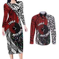 Tonga and New Zealand Together Couples Matching Long Sleeve Bodycon Dress and Long Sleeve Button Shirt Tongan Kupesi Ngatu Tattoo and Maori Paua Shell Pattern LT03 Black - Polynesian Pride