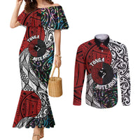 Tonga and New Zealand Together Couples Matching Mermaid Dress and Long Sleeve Button Shirt Tongan Kupesi Ngatu Tattoo and Maori Paua Shell Pattern LT03 Black - Polynesian Pride