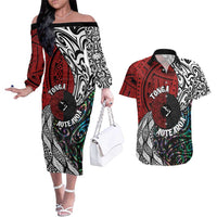 Tonga and New Zealand Together Couples Matching Off The Shoulder Long Sleeve Dress and Hawaiian Shirt Tongan Kupesi Ngatu Tattoo and Maori Paua Shell Pattern LT03 Black - Polynesian Pride
