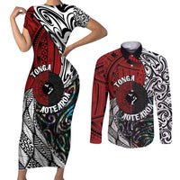 Tonga and New Zealand Together Couples Matching Short Sleeve Bodycon Dress and Long Sleeve Button Shirt Tongan Kupesi Ngatu Tattoo and Maori Paua Shell Pattern LT03 Black - Polynesian Pride