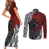 Tonga and New Zealand Together Couples Matching Short Sleeve Bodycon Dress and Long Sleeve Button Shirt Tongan Kupesi Ngatu Tattoo and Maori Paua Shell Pattern LT03 - Polynesian Pride