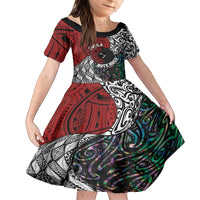 Tonga and New Zealand Together Family Matching Off Shoulder Maxi Dress and Hawaiian Shirt Tongan Kupesi Ngatu Tattoo and Maori Paua Shell Pattern LT03 Daughter's Dress Black - Polynesian Pride