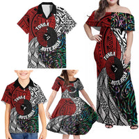 Tonga and New Zealand Together Family Matching Off Shoulder Maxi Dress and Hawaiian Shirt Tongan Kupesi Ngatu Tattoo and Maori Paua Shell Pattern LT03 - Polynesian Pride