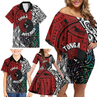 Tonga and New Zealand Together Family Matching Off Shoulder Short Dress and Hawaiian Shirt Tongan Kupesi Ngatu Tattoo and Maori Paua Shell Pattern LT03 - Polynesian Pride
