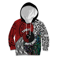 Tonga and New Zealand Together Kid Hoodie Tongan Kupesi Ngatu Tattoo and Maori Paua Shell Pattern LT03 Hoodie Black - Polynesian Pride