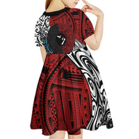 Tonga and New Zealand Together Kid Short Sleeve Dress Tongan Kupesi Ngatu Tattoo and Maori Paua Shell Pattern LT03 - Polynesian Pride