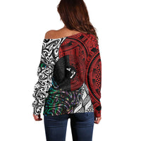 Tonga and New Zealand Together Off Shoulder Sweater Tongan Kupesi Ngatu Tattoo and Maori Paua Shell Pattern LT03 - Polynesian Pride