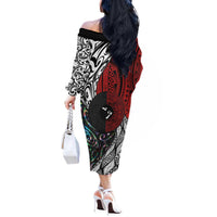 Tonga and New Zealand Together Off The Shoulder Long Sleeve Dress Tongan Kupesi Ngatu Tattoo and Maori Paua Shell Pattern LT03 - Polynesian Pride