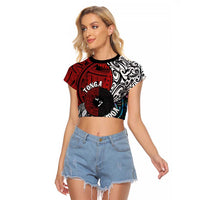 Tonga and New Zealand Together Raglan Cropped T-Shirt - Tongan Kupesi Ngatu Tattoo and Maori Paua Shell Pattern LT03 Female Black - Polynesian Pride