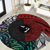 Tonga and New Zealand Together Round Carpet Tongan Kupesi Ngatu Tattoo and Maori Paua Shell Pattern LT03 Black - Polynesian Pride