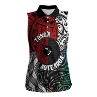 Tonga and New Zealand Together Women Sleeveless Polo Shirt - Tongan Kupesi Ngatu Tattoo and Maori Paua Shell Pattern LT03 Female Black - Polynesian Pride