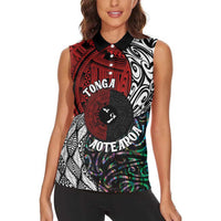 Tonga and New Zealand Together Women Sleeveless Polo Shirt - Tongan Kupesi Ngatu Tattoo and Maori Paua Shell Pattern LT03 - Polynesian Pride
