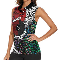 Tonga and New Zealand Together Women Sleeveless Polo Shirt - Tongan Kupesi Ngatu Tattoo and Maori Paua Shell Pattern LT03 - Polynesian Pride