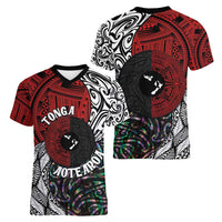 Tonga and New Zealand Together Women V-Neck T-Shirt Tongan Kupesi Ngatu Tattoo and Maori Paua Shell Pattern LT03 - Polynesian Pride