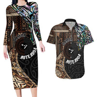Samoa and New Zealand Together Couples Matching Long Sleeve Bodycon Dress and Hawaiian Shirt Siapo Motif and Maori Paua Shell Pattern LT03 Black - Polynesian Pride
