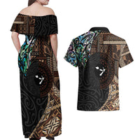 Samoa and New Zealand Together Couples Matching Off Shoulder Maxi Dress and Hawaiian Shirt Siapo Motif and Maori Paua Shell Pattern LT03 - Polynesian Pride