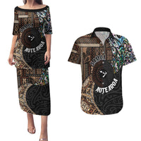 Samoa and New Zealand Together Couples Matching Puletasi and Hawaiian Shirt Siapo Motif and Maori Paua Shell Pattern LT03 Black - Polynesian Pride