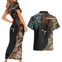 Samoa and New Zealand Together Couples Matching Short Sleeve Bodycon Dress and Hawaiian Shirt Siapo Motif and Maori Paua Shell Pattern LT03 - Polynesian Pride