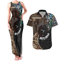 Samoa and New Zealand Together Couples Matching Tank Maxi Dress and Hawaiian Shirt Siapo Motif and Maori Paua Shell Pattern LT03 Black - Polynesian Pride
