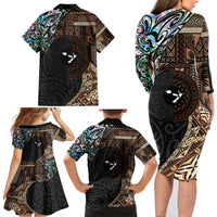 Samoa and New Zealand Together Family Matching Long Sleeve Bodycon Dress and Hawaiian Shirt Siapo Motif and Maori Paua Shell Pattern LT03 - Polynesian Pride