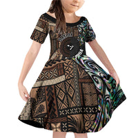 Samoa and New Zealand Together Family Matching Off Shoulder Short Dress and Hawaiian Shirt Siapo Motif and Maori Paua Shell Pattern LT03 Daughter's Dress Black - Polynesian Pride